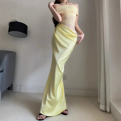 MsChuh Summer Party Dresses For Woman One-shoulder Long Evening Dress Sexy Holiday French Vestidos Solid Color Temperament Slim