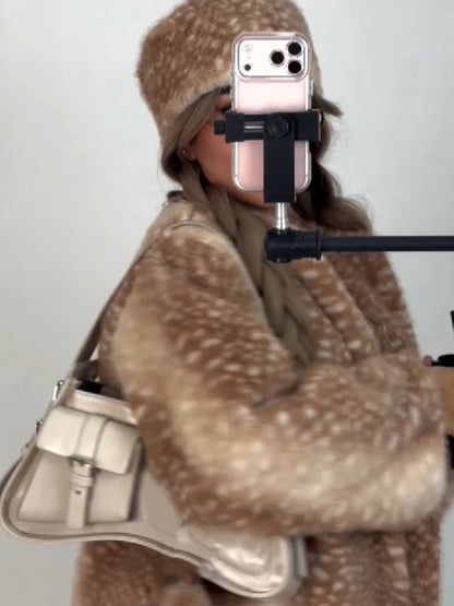 Retro Cute Deer Spot Faux Fur Coat Women Soft Furry Texture Vintage Oversized Jacket 2026 New Warm Elegant Women Street Outwear