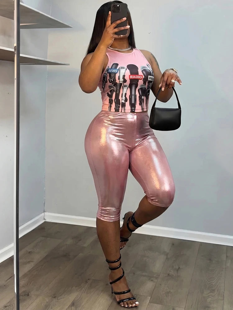 Kliou Mic Print 2 Piece Set Woman Summer Trend o-Neck Sleeveless Crop Tops+Skinny Wrap Hip Shorts High Street Sexy Fashion Suits