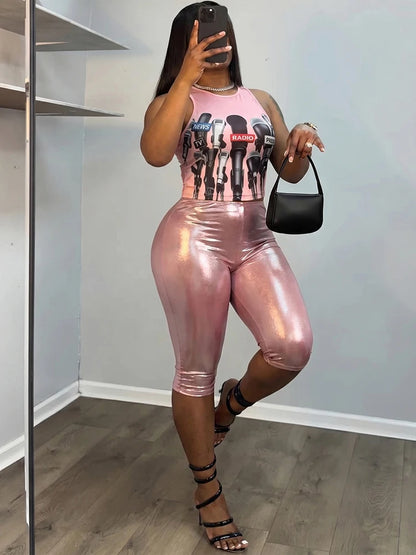 Kliou Mic Print 2 Piece Set Woman Summer Trend o-Neck Sleeveless Crop Tops+Skinny Wrap Hip Shorts High Street Sexy Fashion Suits