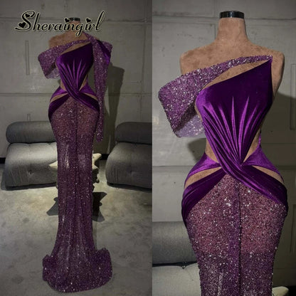 SHERAIN Luxury Mermaid Prom Dresses for Women Sequined Pleated Illusion Dubai Celebrity Party Gowns Robes De Soiree Customized