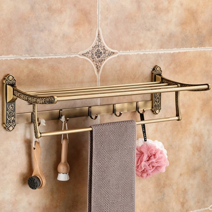 Aluminum Foldable Antique Brass Bath Towel Rack Active Bathroom Towel Holder Double Towel Shelf With Hooks Bathroom Accessories