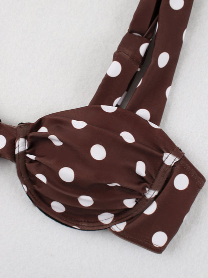 Retro Brown Dot Bikini Sexy Off Shoulder Swimwear Women High Cut Thong Biquini Set Luxury Summer Vacation Beach Bathing SuitK337