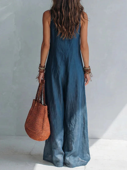 Summer Sleeveless Cotton Linen Jumpsuit Women V Neck Loose Wide Leg Pants Double Pocket Jumpsuit Casual Commuting Bodysuits