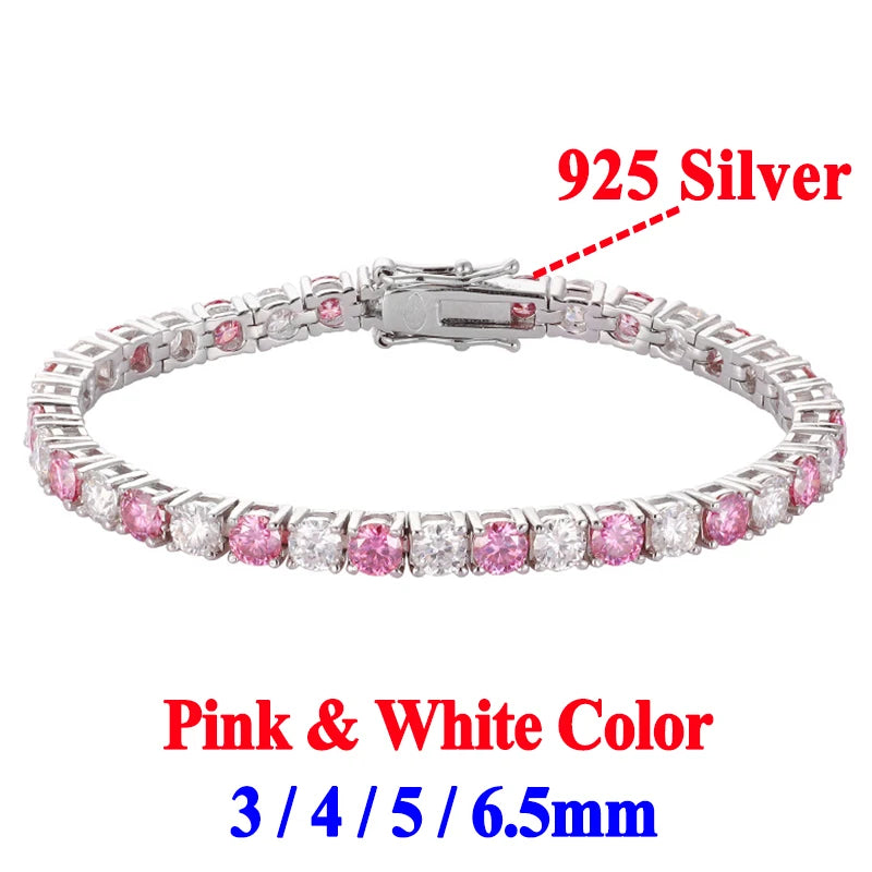 Gold Yellow Green Blue Pink Certified Moissanite 3 4 5 6.5MM Tennis Chain For Women Man 925 Sterling Silver Moissanite Bracelet