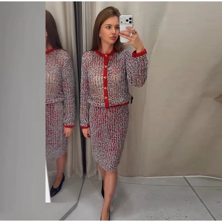 Fashion Knit Hollow Out Women's Skirt Suit O-neck Single Breasted Full Sleeve Cardigan Long Straight Skirts 2026 Autumn Lady Set