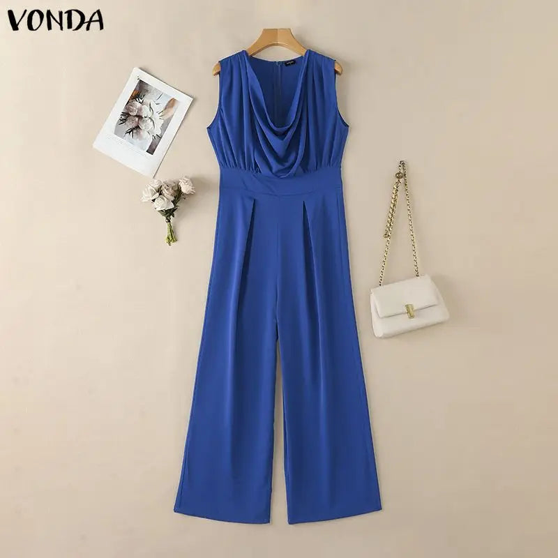 VONDA Summer Women Jumpsuits Sleeveless Fashion Wide Leg  Jumpsuits Rompers Playsuit Elegant OL Work Overalls Solid Trousers