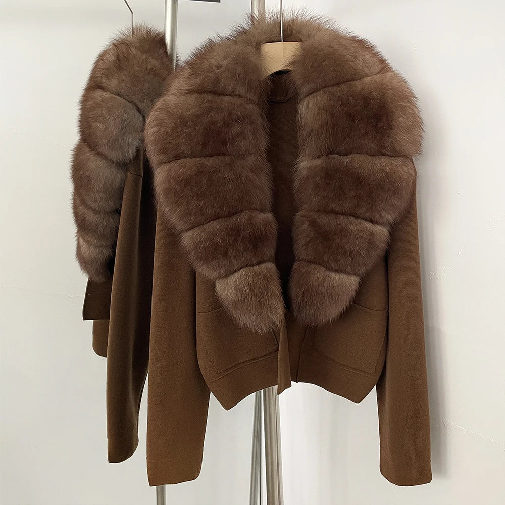 OFTBUY Loose Fit Warm Winter Fashion Lady Outerwear Sweater Female 2025 New Women's Knit Cardigan with Large Real Fox Fur Collar