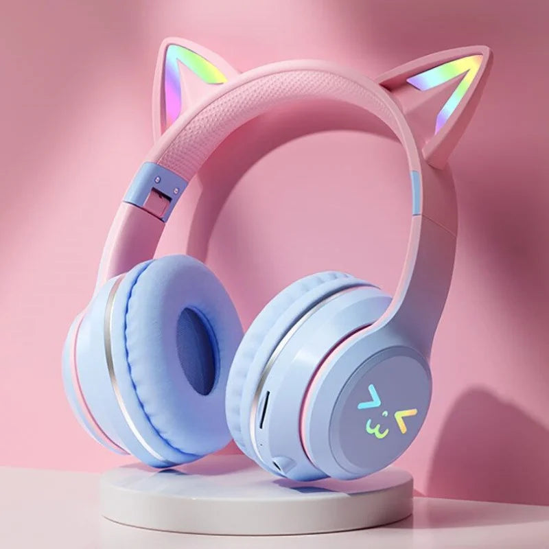 GRB Glow Gaming Headset Gamer Stereo Bass Cat Ear Wireless Earpods Bluetooth Earphones TYPE-C Cable Headphones Blutooth Handfree