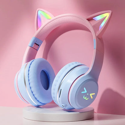 GRB Glow Gaming Headset Gamer Stereo Bass Cat Ear Wireless Earpods Bluetooth Earphones TYPE-C Cable Headphones Blutooth Handfree