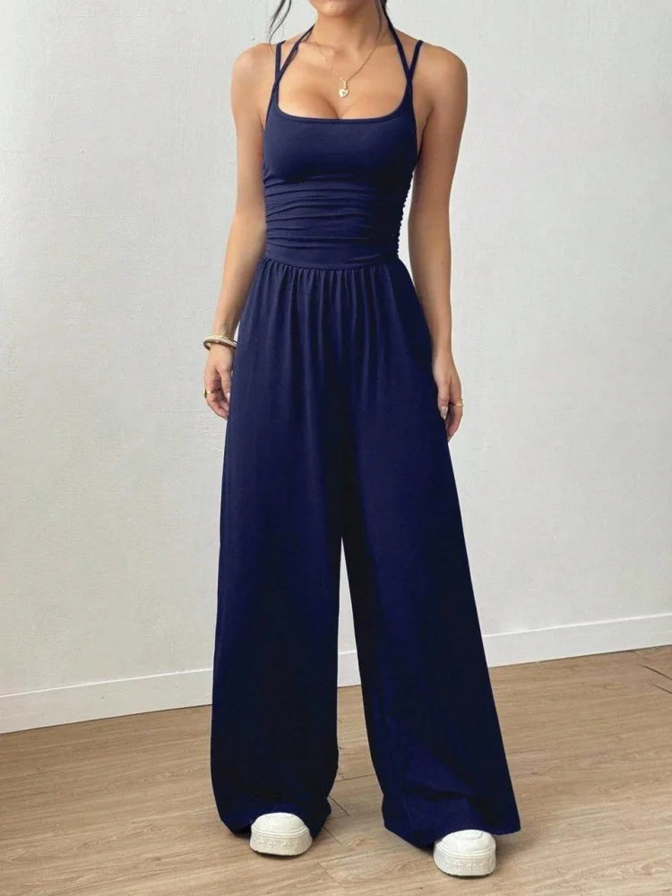 Spaghetti Strap Jumpsuit Square Neck Ruched Waist Wide Leg Long Pant Outfit For Women Daily Travel Outdoor Casual Lounge Stylish Garment