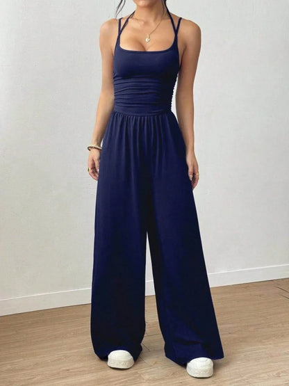 Spaghetti Strap Jumpsuit Square Neck Ruched Waist Wide Leg Long Pant Outfit For Women Daily Travel Outdoor Casual Lounge Stylish Garment