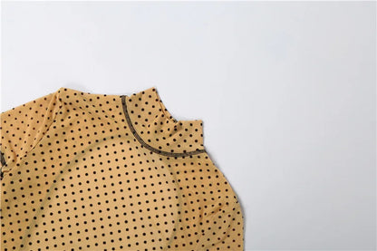 FAGADOER Khaki Polka Dot Bodycon Shorts Romper Women Stand Collar Back Hollow Out Skinny Jumpsuits Mesh See Through Playsuit