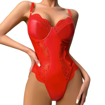 Women Onesie Sexy Lingerie Bodysuit PU Leather Mesh Patchwork V-Neck Backless Jumpsuit Sexy Fun Underwear Valentines Day Gift
