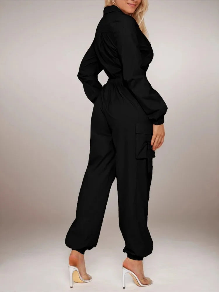 Work Jumpsuit Women's Pocket Elastic Waist Zipper Jumpsuit New Style Autumn Fashion Elegant Casual Long Sleeve Jumpsuits