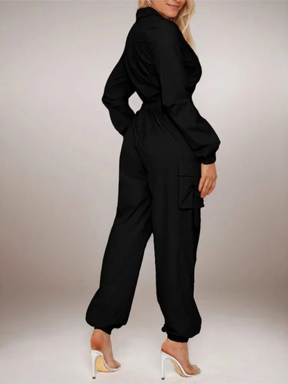 Work Jumpsuit Women's Pocket Elastic Waist Zipper Jumpsuit New Style Autumn Fashion Elegant Casual Long Sleeve Jumpsuits