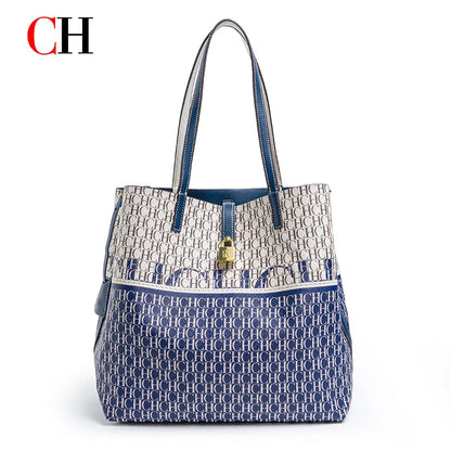 CH Tote Bag for Women Two Tone PU Leather Large Capacity Shoulder Handbag Luxury Ladies Commute Shopping Shopper Bag