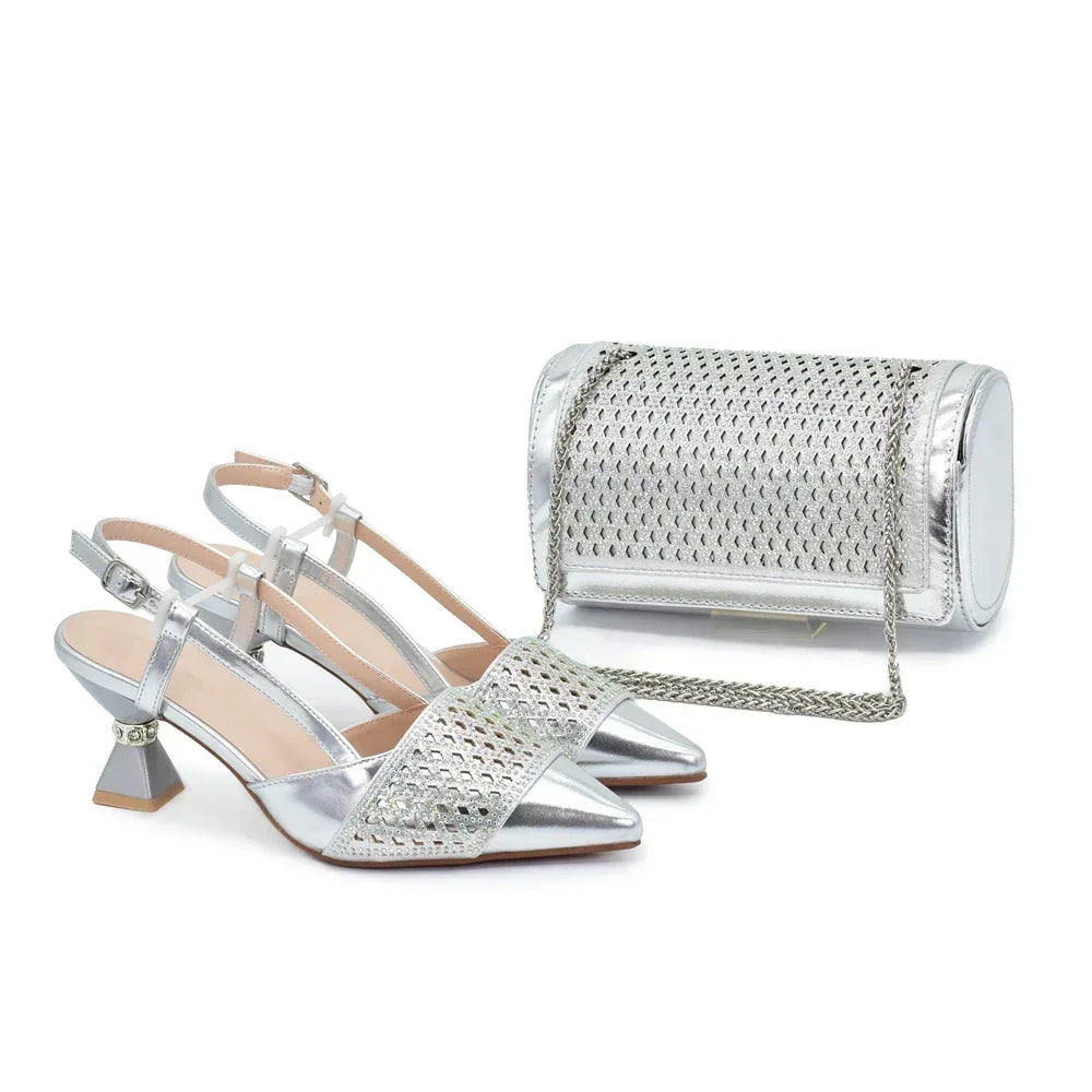 Shoe and Bags for Women Nigeria Party Women Nigerian Italian Shoes and Bags Set with Rhinestone Elegant Woman Heeled Pumps