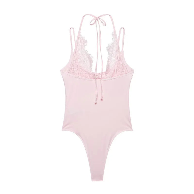 Women's Bodysuit 2026 New Fashion Summer Black Spliced Lace Bodysuit for Women Elegant Chic Personality Spaghetti Strap Bodysuit