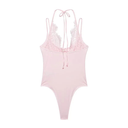Women's Bodysuit 2026 New Fashion Summer Black Spliced Lace Bodysuit for Women Elegant Chic Personality Spaghetti Strap Bodysuit