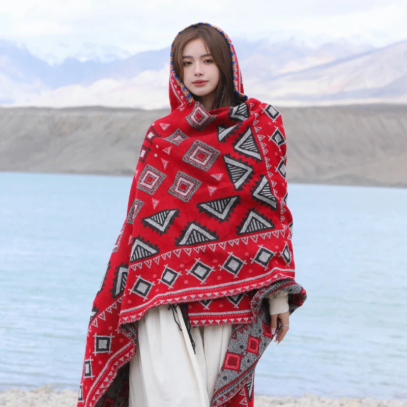 GypsyLady Bohemian Vintage Chic Cloaks Capes Hooded Blue Women Autumn Warm Knitted Ethnic Capes Tassels Cloak Poncho Outwear New