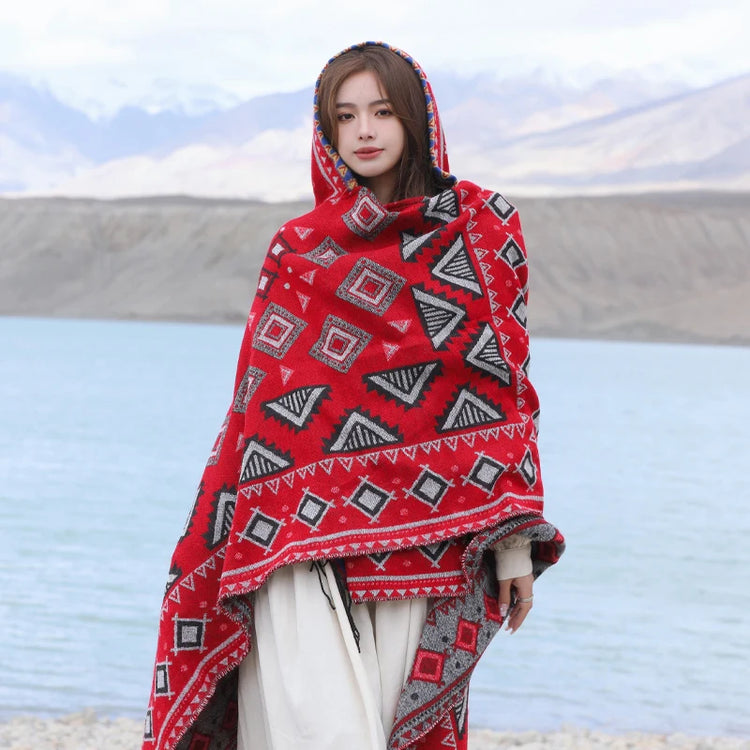 GypsyLady Bohemian Vintage Chic Cloaks Capes Hooded Blue Women Autumn Warm Knitted Ethnic Capes Tassels Cloak Poncho Outwear New
