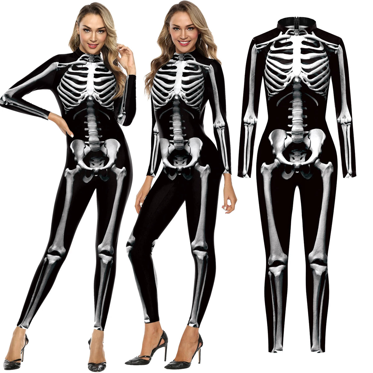 [You're My Secret] Halloween Cosplay Skeleton Zombie Scary Bodysuit 3D Digital Human Skull Printed Zentai Suits Couple Jumpsuits