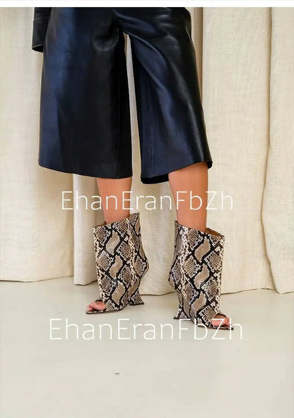 2006SoleLadies'-Spring/Summer-New-Fish-Mouth-Slope-High-Heel-Short-Boots-with-Pointed-Toe-Exposed-Cool-Boots,-Mid-Top-Boots