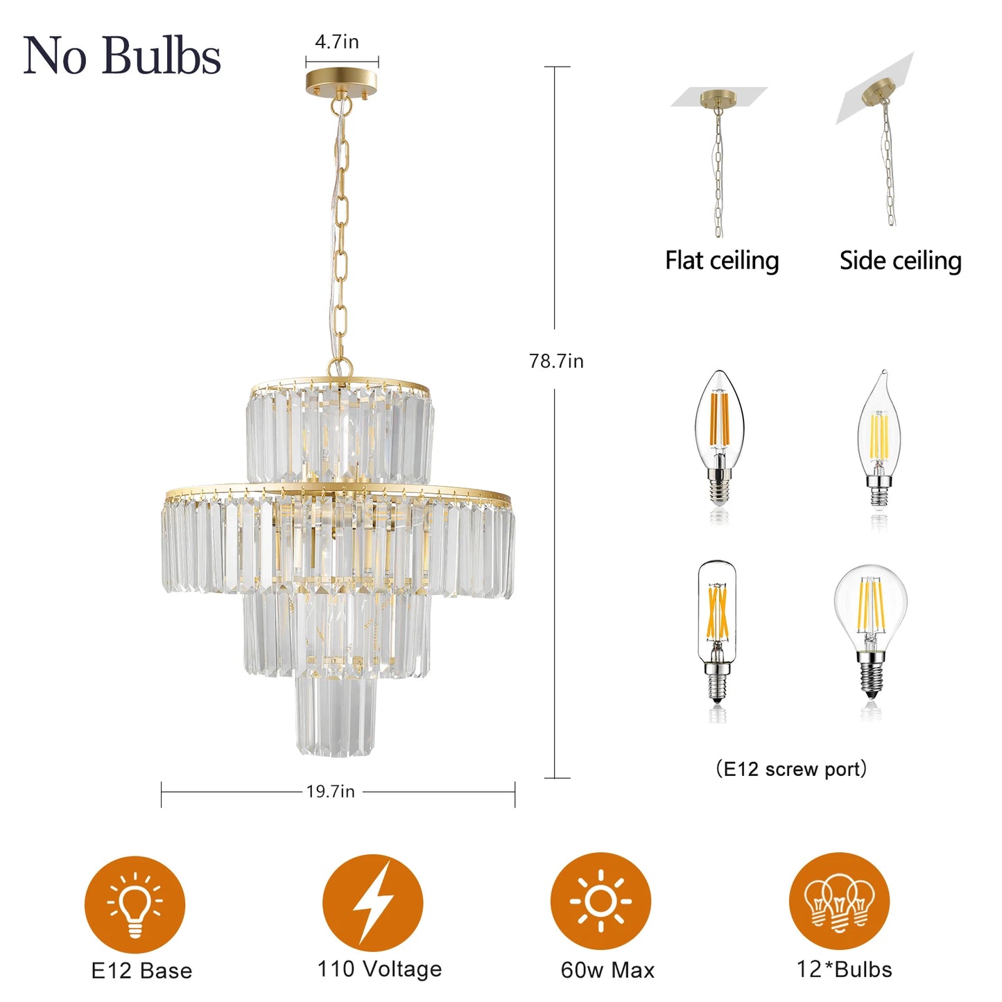20" Luxury 4-Tier Crystal Chandelier, 12-Light Gold Frame Pendant Light, Elegant Ceiling Lighting for Living Room, Dining Room