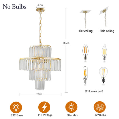 20" Luxury 4-Tier Crystal Chandelier, 12-Light Gold Frame Pendant Light, Elegant Ceiling Lighting for Living Room, Dining Room