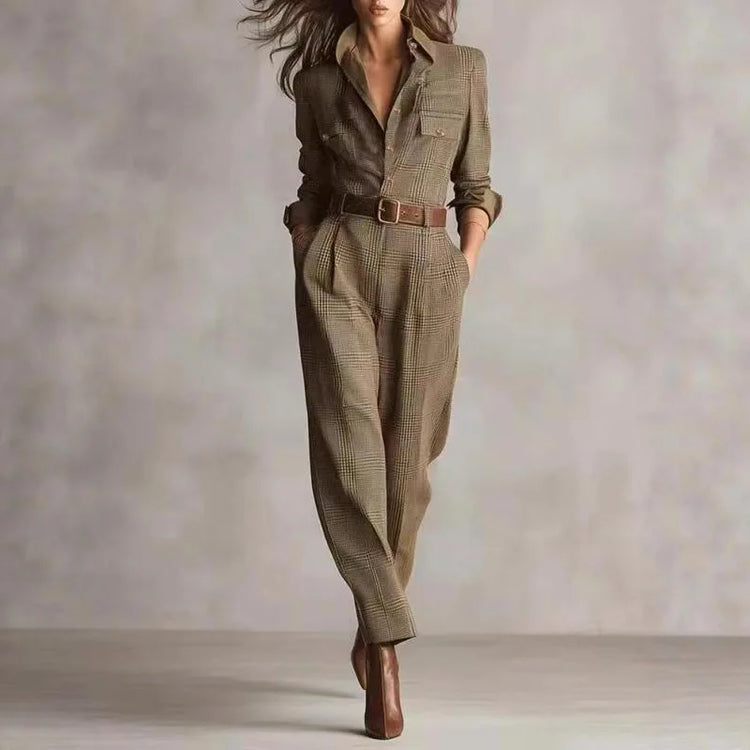Retro Grid Button Lapel Shirt Jumpsuits Woman Fashion High Waist Slim Bodysuits Romper Spring Autumn Long Sleeve Pocket Overalls