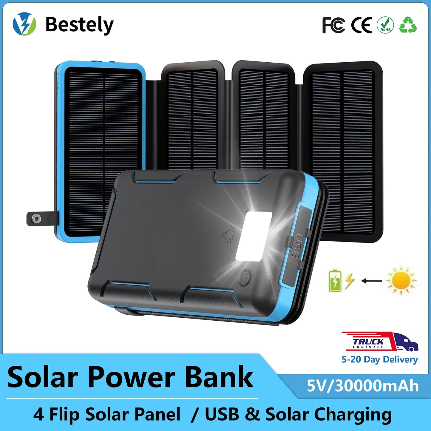 30000mAh Solar Power Bank Flip Panel Large Capacity IOS/Android USB Fast Charge Dual Charging Solar/Type-C Portable for Camping