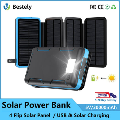 30000mAh Solar Power Bank Flip Panel Large Capacity IOS/Android USB Fast Charge Dual Charging Solar/Type-C Portable for Camping