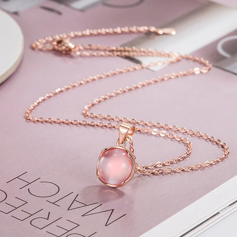 925 Sterling Silver Round Pendant Necklace with Pink Crystal Elegant Choker Wedding Jewelry Luxury Gift for Women Birthday