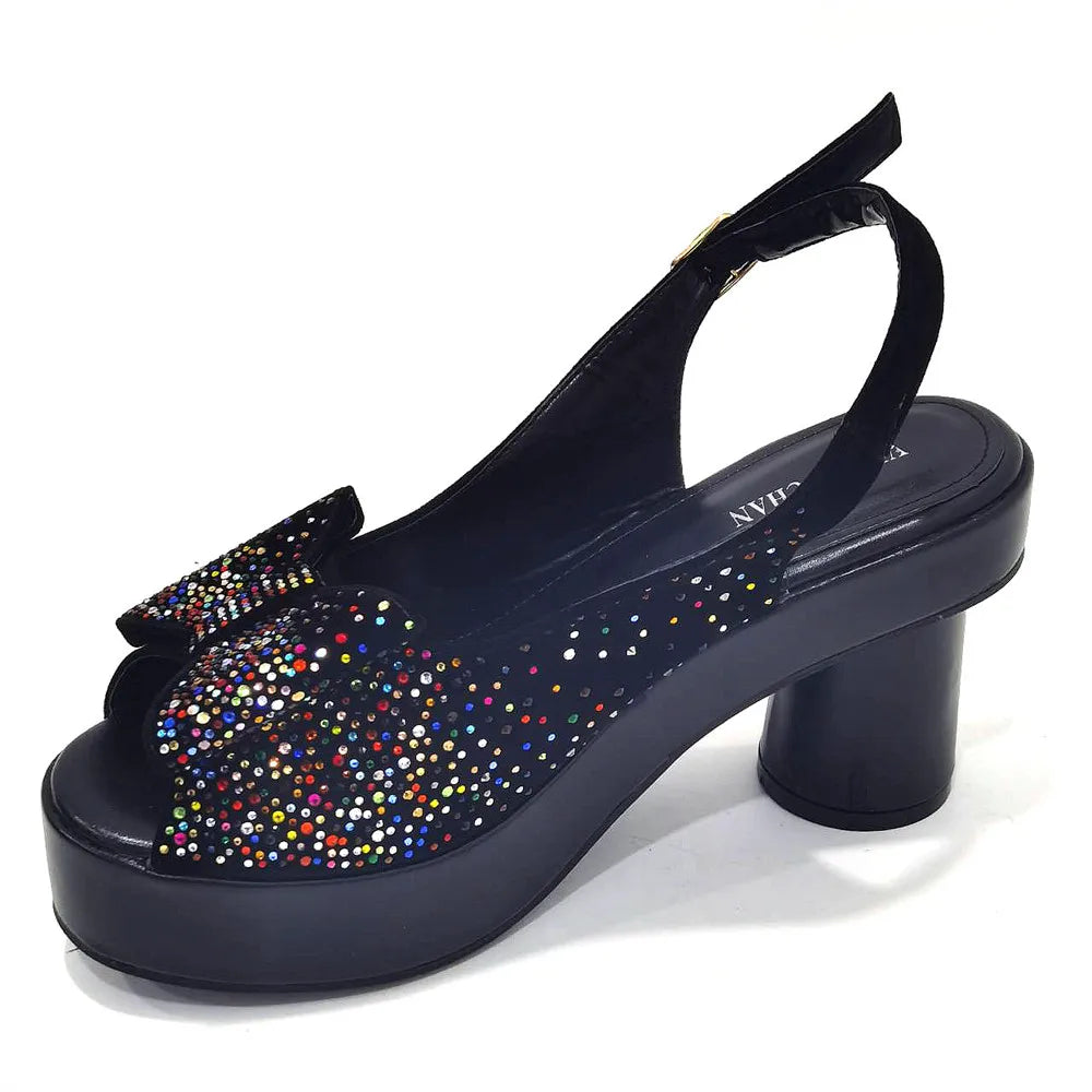 2024 Silver Fashion Square Heels with Platform African Women Shoes and Bag Set Full Crystal Pumps for Wedding Party