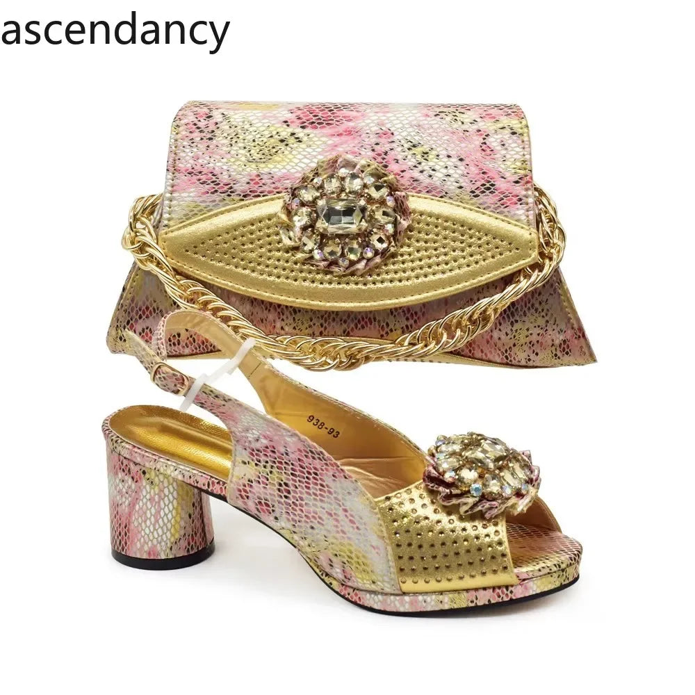 Italian Shoes and Bags Matching Set Decorated with Rhinestone Nigerian Heel Party for Women African Wedding Shoes with Bag
