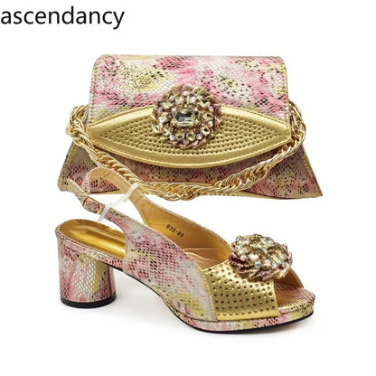 Italian Shoes and Bags Matching Set Decorated with Rhinestone Nigerian Heel Party for Women African Wedding Shoes with Bag