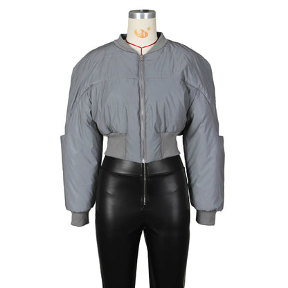 Autumn Winter Cotton Jacket Women's Fashion Round Neck Long-sleeved Zipper Drawstring Waist Warm Casual Reflective Cotton Jacket