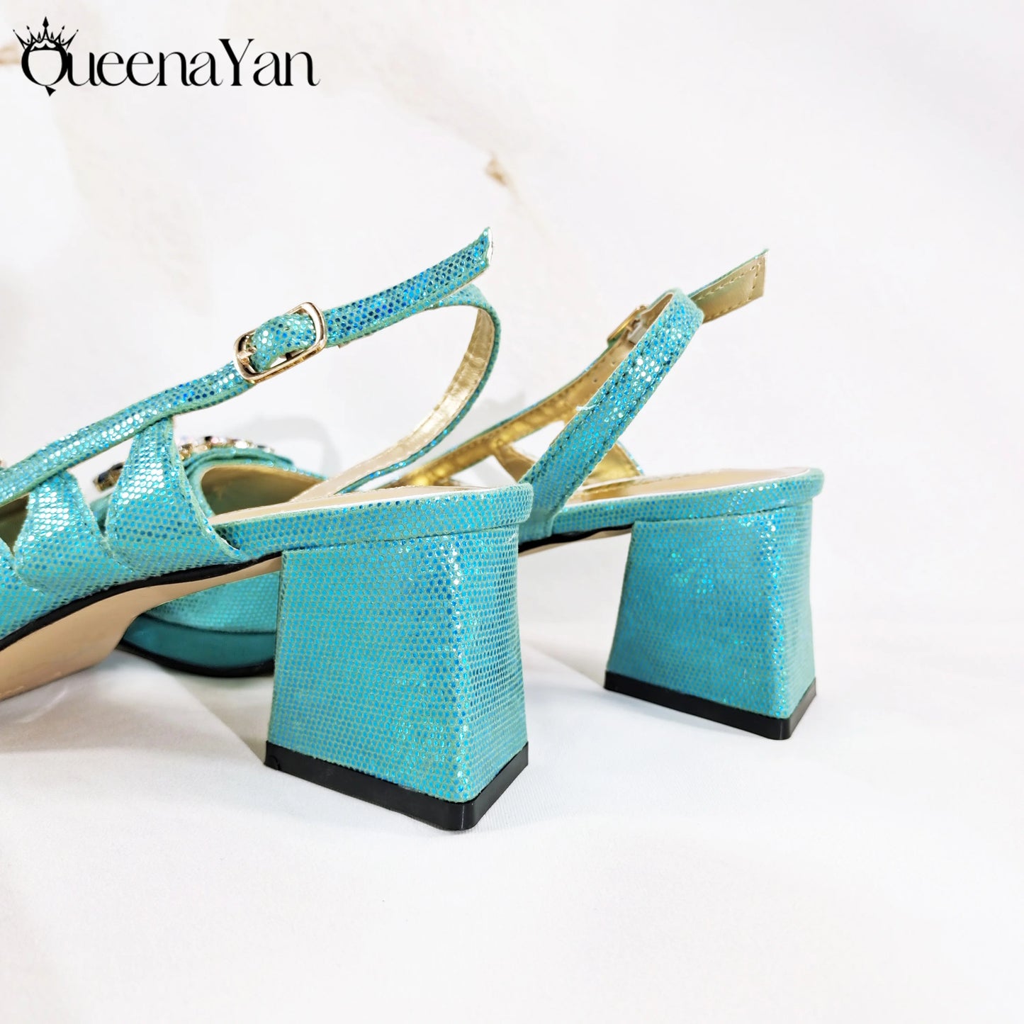 Queena Yan New Arrival  Special Synthetic Fabrics Design Teal Color Women's Matching Shoe and Bag Set  for Weddings and Parties