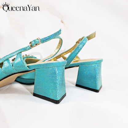 Queena Yan New Arrival  Special Synthetic Fabrics Design Teal Color Women's Matching Shoe and Bag Set  for Weddings and Parties