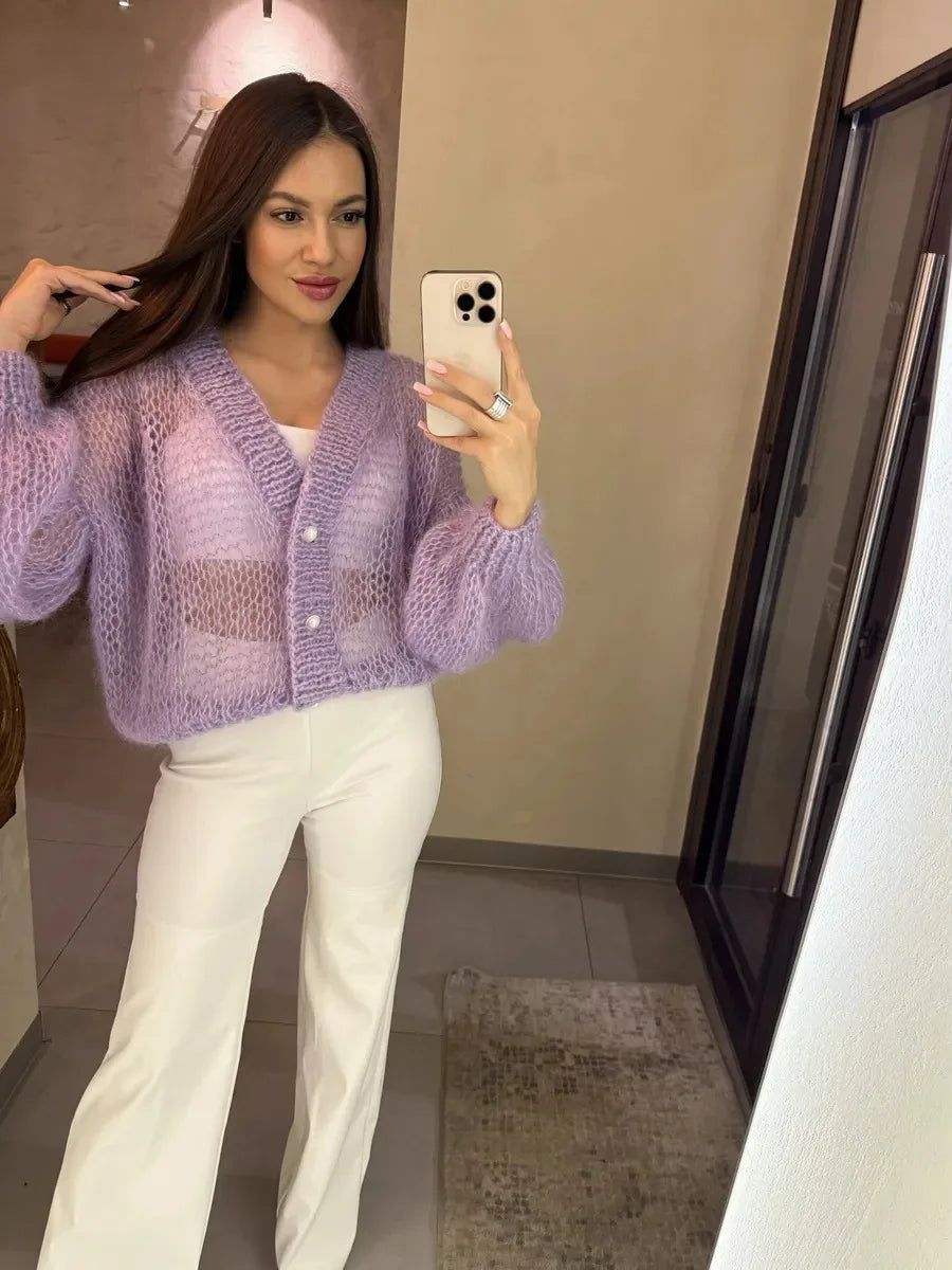 Women Knitting Cardigan 2026 New Women Mohair Knit Cardigan Hollow Out Sheer Long Sleeve Casual Knitted Outerwear Sweater