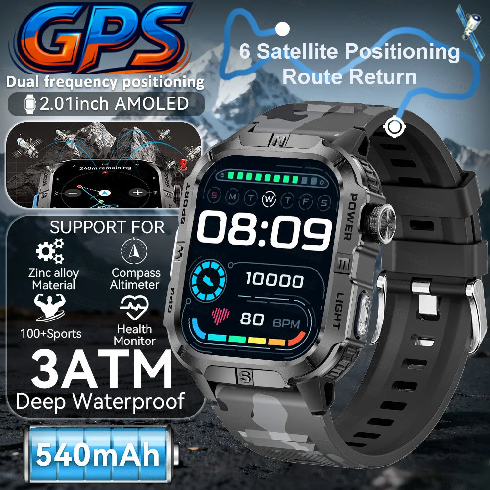 New Outdoor Military Men Smartwatch Equipped With GPS Sports LED Lighting, Compass, Wireless Communication IP68 Waterproof Watch