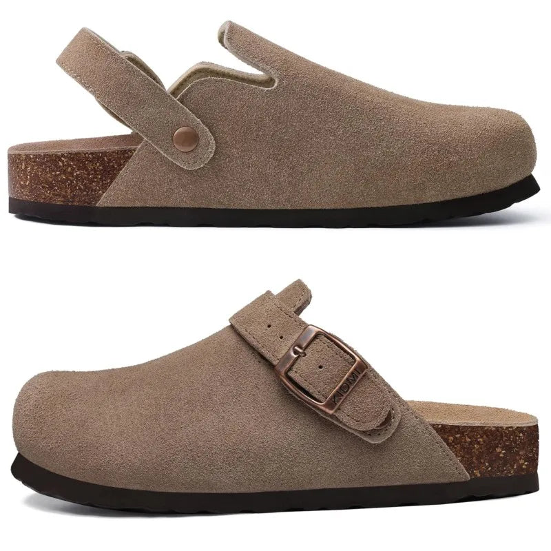 Kidmi Genuine Leather Clogs Cork Footbed Indoor and Outdoor Slippers Cow Suede Mules With Adjustable Strap