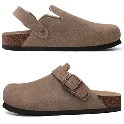 Kidmi Genuine Leather Clogs Cork Footbed Indoor and Outdoor Slippers Cow Suede Mules With Adjustable Strap