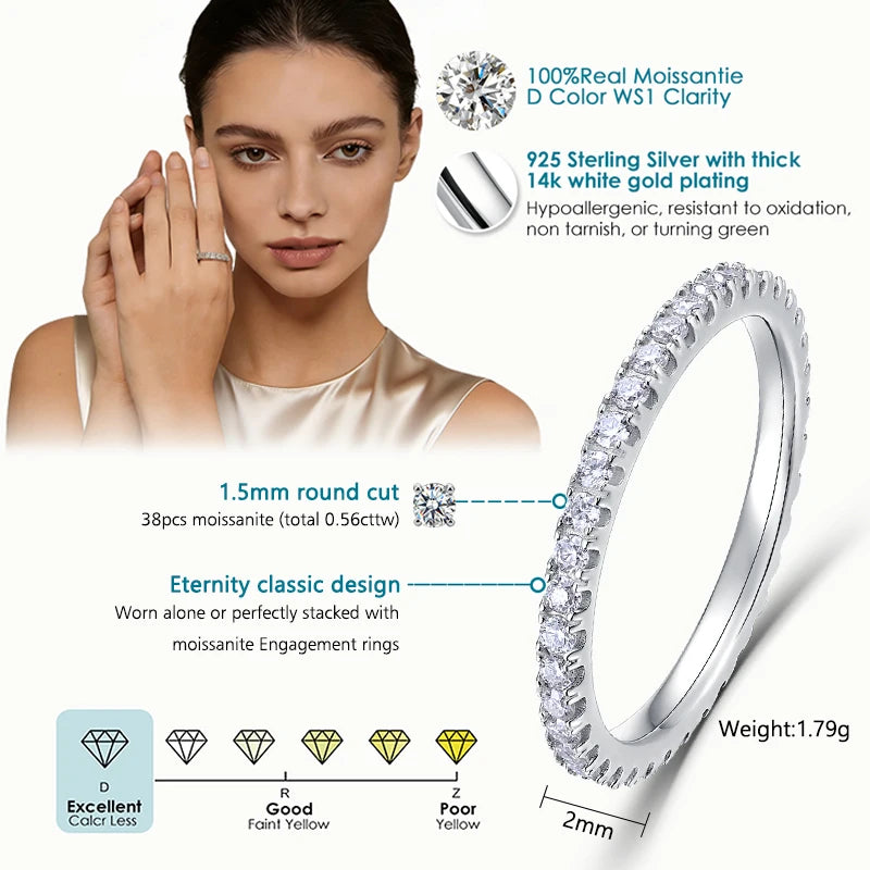 WES Moissanite Full Eternity Ring Wedding Band 925 Sterling Silver D Color VVS1 Lab Anniversary Engagement Stackable Women Ring