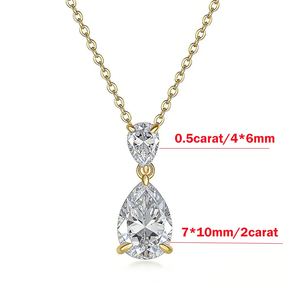 2-Stone 2.5cttw Waterdrop Moissanite Pendant Necklace for Women S925 Silver Plated 18k Gold Pear Cut Diamond NeckChain Jewelry