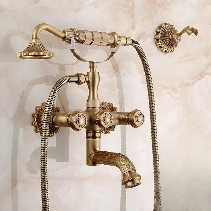 Antique Brass Bathtub Shower Faucets Set Wall Mounted Bath Shower Set Swivel Tub Spout Bath Shower Dual Control Carved Mixer Tap
