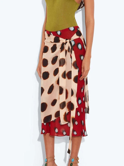 Bohemian Polka Dot Wrap Midi Skirt Women Chic Irregular Hem Layered Chiffon High Waist Skirt Summer Party Vacation Beachwear