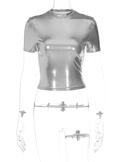 Leather Solid O Neck Short Sleeves Sexy Slim Y2K T-Shirt Top 2024 Summer Women Fashion Tees Streetwear Grunge Clothes
