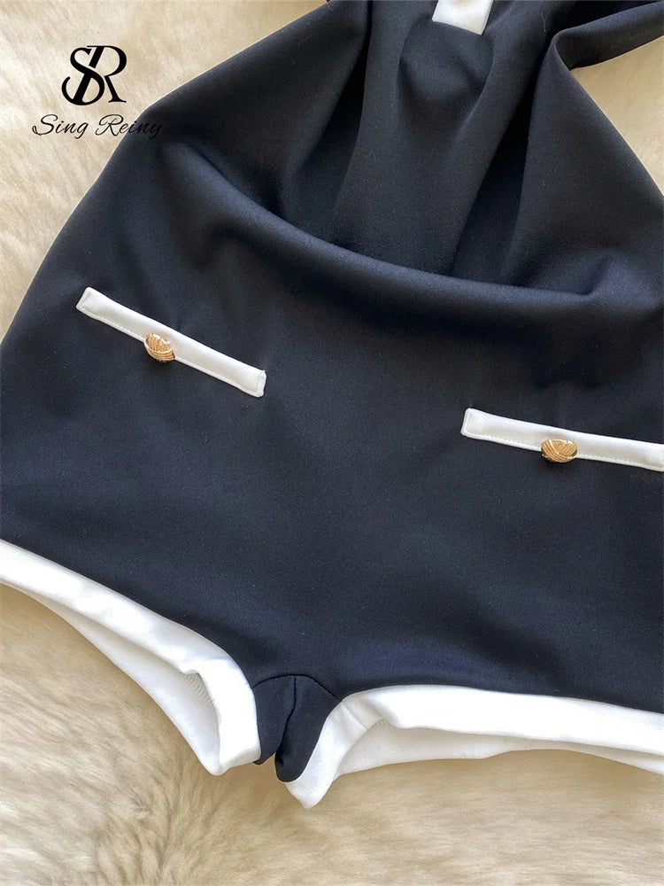 SINGREINY Ins Beach Jumpsuits Ladies Halter Sleeveless Button Design Backless Bodysuits American Retro Solid OL Slim Playsuits